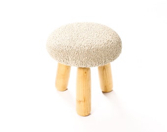 Custom Awassi Tripod Ottoman / Footstool — Turned Fir legs — Camel Tan Bouclé