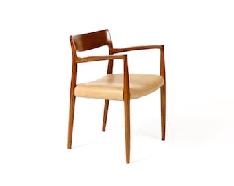 Danish Modern / Mid Century Teak Armchair / Captain’s Chair — J.L. Moller Model #57 — Tan Leather