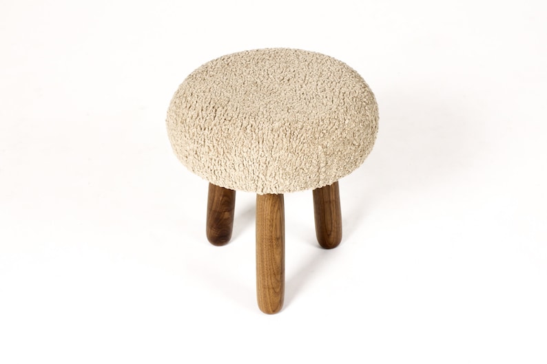 Custom Awassi Tripod Ottoman / Footstool Turned Walnut legs Camel Tan Bouclé image 3