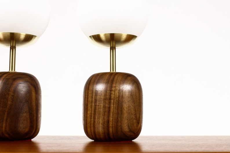 Studio Craft Walnut Table Lamps Lathe Turned with Glass Globe Brass Pair TL9 image 6