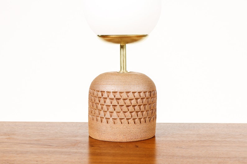 Ceramic Stoneware Studio Pottery Table Lamp Globe shade Small Delta Pattern Raw Clay L22 image 3