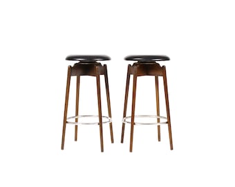 Mid Century Vintage Walnut Barstools — Swivel Seats — Black Vinyl— Pair