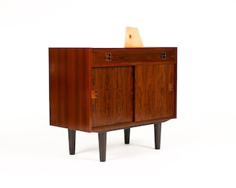 Danish Modern / Mid Century Compact Rosewood Credenza / Sideboard — Sliding Doors + Shallow Drawer