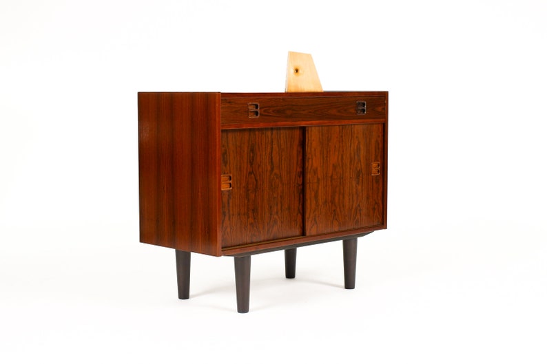 Danish Modern / Mid Century Compact Rosewood Credenza / Sideboard Sliding Doors Shallow Drawer image 1