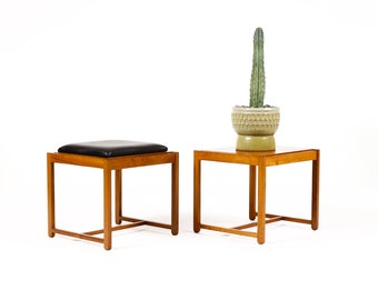 Danish Modern Mid Century Teak Flip Top Ottoman / Side Tables — Erik Buch — Black Leather — Pair
