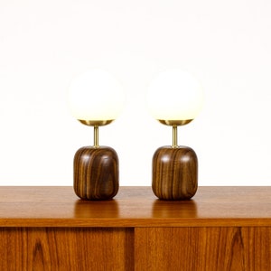 Studio Craft Walnut Table Lamps Lathe Turned with Glass Globe Brass Pair TL9 image 1