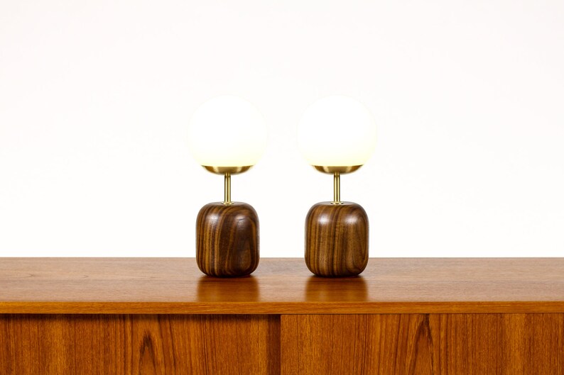 Studio Craft Walnut Table Lamps Lathe Turned with Glass Globe Brass Pair TL9 image 1