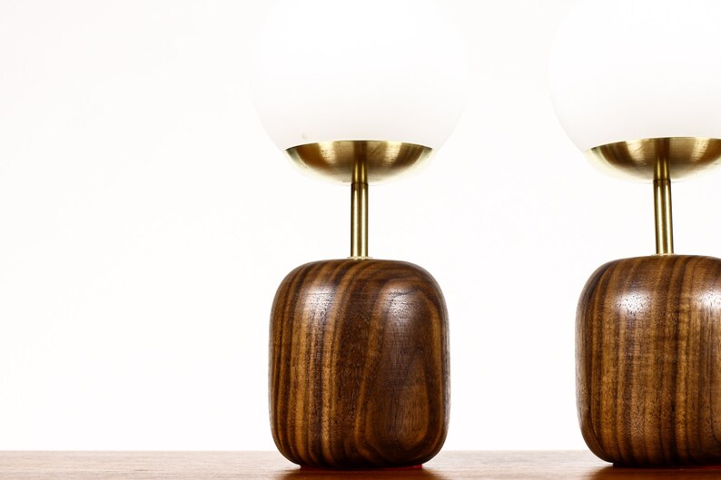 Studio Craft Walnut Table Lamps Lathe Turned with Glass Globe Brass Pair TL9 image 5