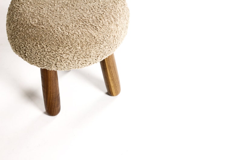 Custom Awassi Tripod Ottoman / Footstool Turned Walnut legs Camel Tan Bouclé image 4