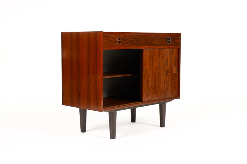 Danish Modern / Mid Century Compact Rosewood Credenza / Sideboard Sliding Doors Shallow Drawer image 4