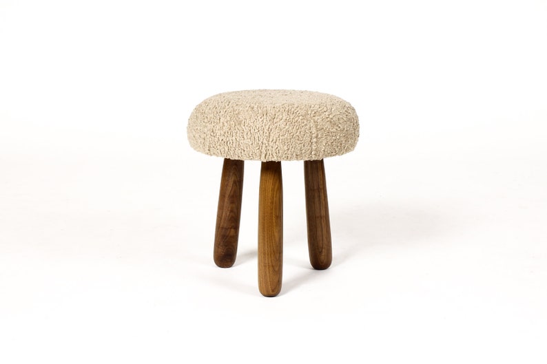 Custom Awassi Tripod Ottoman / Footstool Turned Walnut legs Camel Tan Bouclé image 2