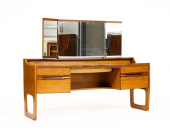 Danish Modern / Mid Century Low Teak Vanity / Dressing Table — Meredew — Adjustable Mirror 
