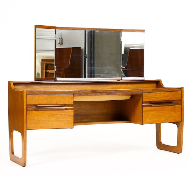 Danish Modern / Mid Century Low Teak Vanity / Dressing Table — Meredew — Adjustable Mirror 