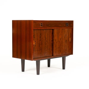 Danish Modern / Mid Century Compact Rosewood Credenza / Sideboard Sliding Doors Shallow Drawer image 2