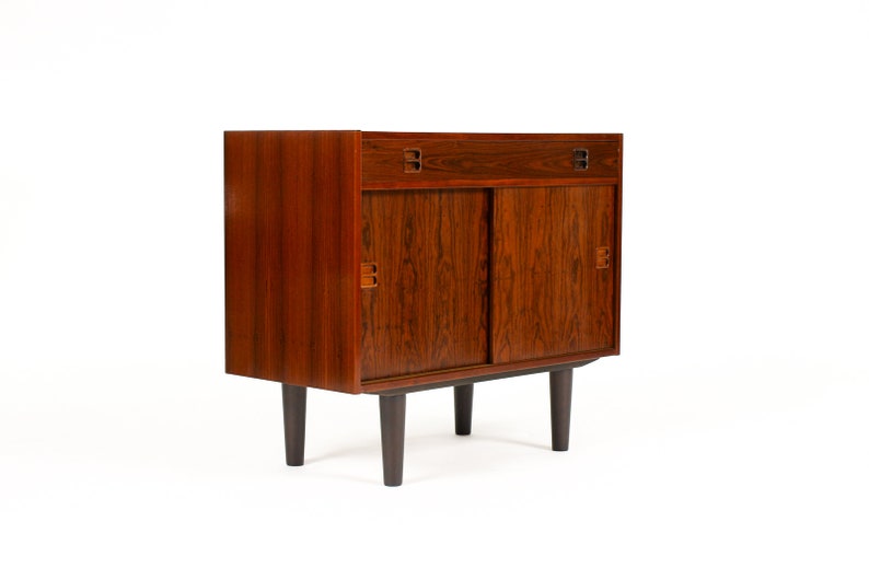 Danish Modern / Mid Century Compact Rosewood Credenza / Sideboard Sliding Doors Shallow Drawer image 2