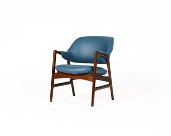 Danish Modern / Mid Century Mahogany Framed Lounge Chair — Blue Vinyl — Ingmar Relling for Westnofa