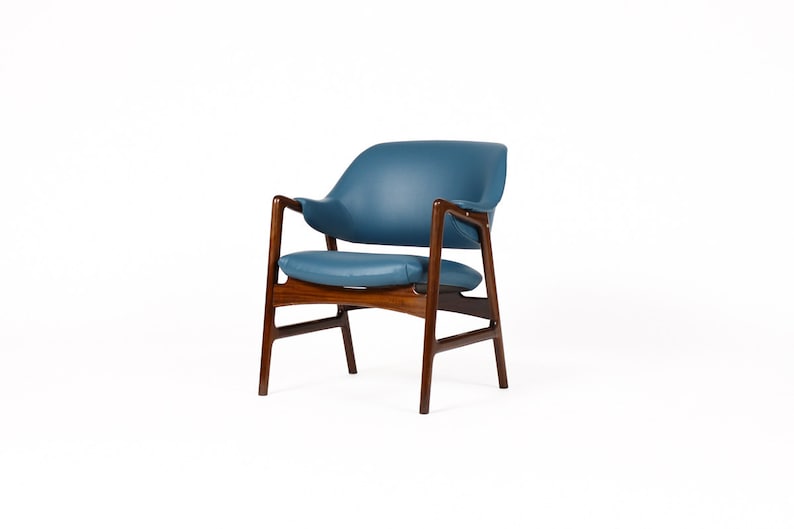 Danish Modern / Mid Century Mahogany Framed Lounge Chair Blue Vinyl Ingmar Relling for Westnofa image 1