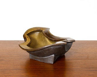 Modernist Hand-Built Stoneware Ceramic Sculptural Footed Bowl / Ikebana Vessel — Raw Clay + Brown / Green Glaze — JR6