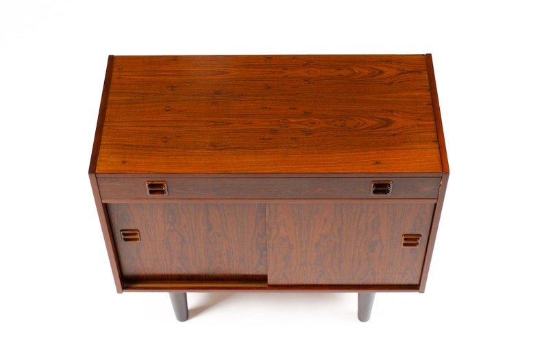 Danish Modern / Mid Century Compact Rosewood Credenza / Sideboard Sliding Doors Shallow Drawer image 8