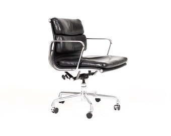 Mid Century Vintage Aluminum Group Soft Pad Desk Chair — Charles Eames for Herman Miller — Black Leather