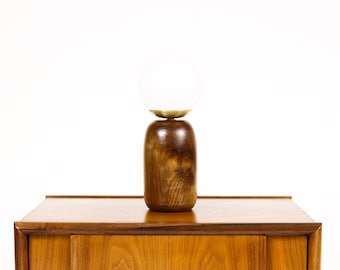 Studio Craft Modernist Walnut Accent Table Lamp — Lathe Turned with Glass Globe + Brass — TL11