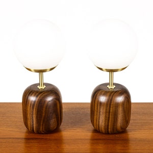 Studio Craft Walnut Table Lamps Lathe Turned with Glass Globe Brass Pair TL9 image 4