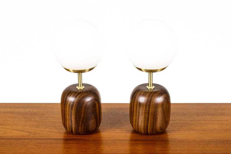 Studio Craft Walnut Table Lamps Lathe Turned with Glass Globe Brass Pair TL9 image 4