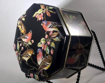 Octagonal ENGLISH TIN-Hinged-Black with Bright Colors & Birds on Branches