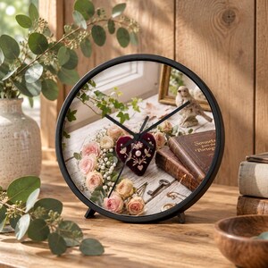 Peut inclure: Une horloge analogique ronde à cadre noir présentant une image imprimée d'un cœur en velours rouge foncé, de roses roses, d'une figurine d'oiseau, d'une clé en métal et d'un livre intitulé Sonnets from the Portuguese avec des aiguilles noires.