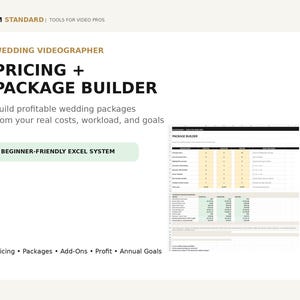 Op de afbeelding: Een digitaal spreadsheet-sjabloon getiteld Wedding Videographer Pricing + Package Builder. De interface bevat secties voor het invoeren van kosten, werkdruk en doelen, met een tabel voor pakketopties en een beginnersvriendelijk Excel-systeem.