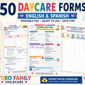 Puede incluir: Una colección digital de 50 formularios de guardería en inglés y español, con plantillas PDF imprimibles para listas de asistencia, información de emergencia y contactos, decorados con iconos coloridos y un toro de dibujos.
