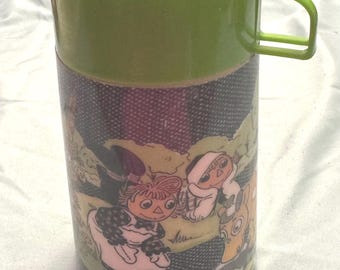 Termo de Raggedy Ann y Andy, Aladdin Vintage de plástico verde de 1977