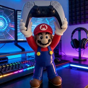 May include: A Mario figurine standing upright and holding a white and black wireless game controller above its head. The character wears a red cap with a white M, a red shirt, blue overalls with yellow buttons, and brown shoes.
