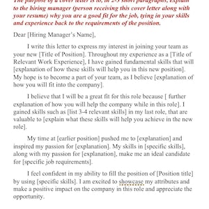 May include: A white document template for a cover letter featuring black text. The document includes placeholders in brackets for date, hiring manager name, company name, position title, work experience, skills, and the applicant's name.