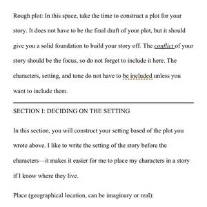 Può includere: Un documento digitale intitolato Basic Story Outline con testo nero su sfondo bianco. Fornisce un modello per pianificare racconti o romanzi, includendo sezioni per la costruzione della trama e la definizione dell'ambientazione narrativa.