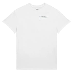 May include: A white short-sleeved t-shirt featuring a small block of blue and black computer code printed on the upper left chest area. The code snippet includes the text "public String getName()" followed by conditional logic and a return statement.