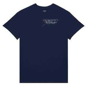 May include: A navy blue short-sleeved t-shirt featuring a small block of code printed on the upper left chest. The code snippet includes the text: // Binary Search for the Perfect Match, int low = 0, high = matches.size() - 1; while (low < high) { int mid = low + (high - low) / 2; if (matches.get(mid).isYou()) { return "It's a Match!"; } } }.