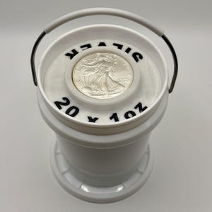 May include: A white plastic bucket with a metal handle containing a silver coin at the top. The white lid features black text reading SILVER 20 x 1oz. The coin depicts a figure in motion with sun rays in the background and the text IN GOD WE TRUST.