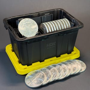May include: A black HDX Nano Tote storage bin with a yellow lid, containing a stack of silver coins inside. One silver coin stands upright in the bin, while a row of ten silver coins is arranged in a fan shape on the surface in front of the bin.