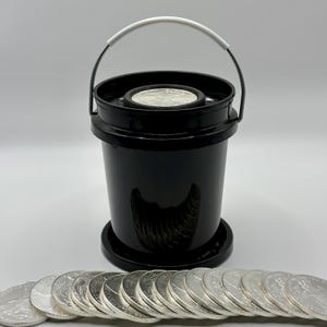 May include: A glossy black plastic bucket with a white handle grip, containing a single silver coin at the top. A row of fifteen silver coins is arranged in a semi-circle in front of the bucket, each showing detailed metallic engravings.