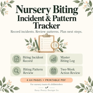 Può includere: Un documento PDF stampabile Nursery Biting Incident & Pattern Tracker con una cartellina, una matita e una lente d'ingrandimento. Il testo include Record incidents. Review patterns. Plan next steps. Biting Incident Record, Master Biting Log, Biting Pattern Review, Two-Week Action Review, 4 A4 PAGES e Easy Peazy Design Co.