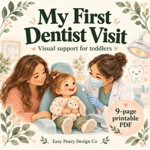 以下が含まれることがあります： My First Dentist Visitと題された9ページの印刷可能なPDF。歯科用チェアに座る幼児とぬいぐるみ、白衣と青いマスクを着用した歯科医、そして大人が描かれた水彩画風のイラストで、周囲には植物の装飾が施されています。