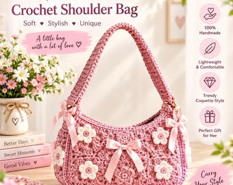 Crochet Flower Shoulder Bag Pattern PDF, Handmade Floral Purse, Crochets Handbag, Boho Hobo Bag, Cute Gift for Her, Instant Download