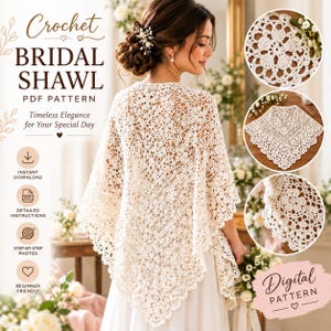Puede incluir: Un chal de novia de ganchillo color crema con un intrincado patrón de encaje floral y un borde festoneado. La imagen incluye el texto: Crochet BRIDAL SHAWL PDF PATTERN, Timeless Elegance for Your Special Day, INSTANT DOWNLOAD, DETAILED INSTRUCTIONS, STEP-BY-STEP PHOTOS, BEGINNER FRIENDLY y Digital PATTERN.