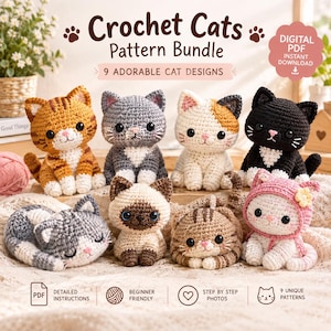 May include: A digital PDF pattern bundle for nine crochet cats featuring various colors and patterns including tabby, solid black, grey, and Siamese styles. The image displays eight finished plush cat toys with embroidered details.