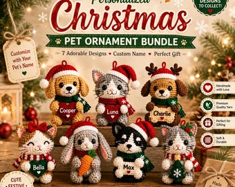 Crochet Pet Christmas Ornament Pattern PDF, Dog Cat Ornament Tutorial, Custom Name Tree Decor, Personalized Holiday DIY, Digital Download