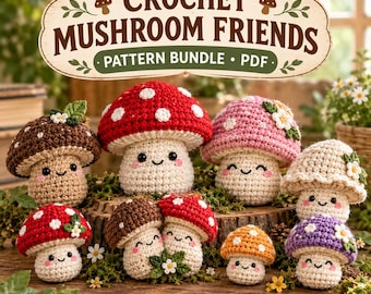 Crochet Mushroom Amigurumi Pattern Bundle PDF, Woodland Friends, Cottagecore (PDF Download)