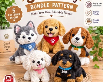 5 Häkelanleitungen für Hunde (PDF-Paket), Amigurumi-Welpen-Anleitungsset (PDF), einfache Häkelanleitungen für Hunde, digitaler Download, sofortiges DIY-Projekt