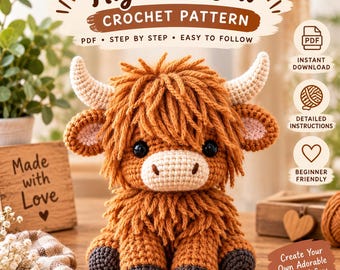 Highland Cow Crochet Pattern PDF, Highland Cow Amigurumi, Cute Cow Pattern, Farm Animal Crochet Pattern, Cow Plushie DIY, Instant Download