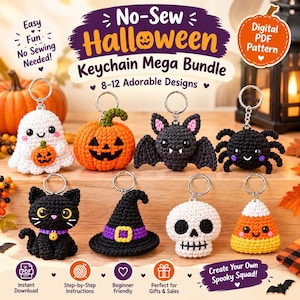 Può includere: Un modello PDF digitale per un set di portachiavi di Halloween senza cuciture con 8-12 disegni all'uncinetto, tra cui un fantasma, una zucca, un pipistrello, un ragno, un gatto nero, un cappello da strega, un teschio e un dolcetto.